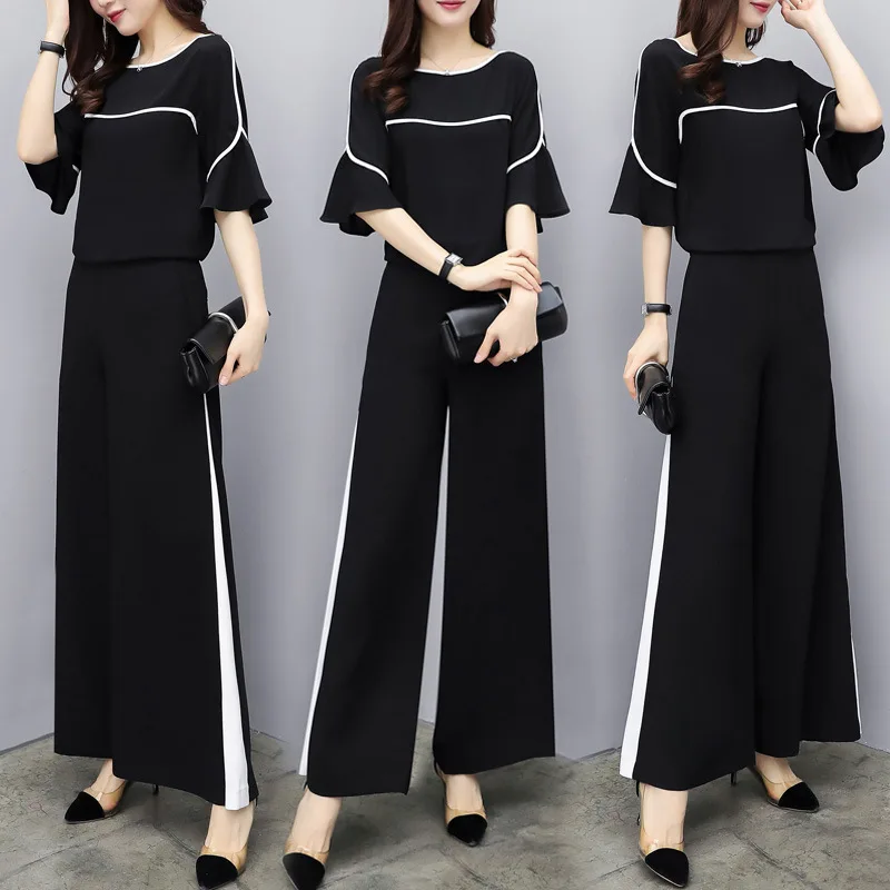 

Women's suitnew female summer two-piece pants chiffon short-sleeved high waist was thin wide leg pants casual fashion suit women