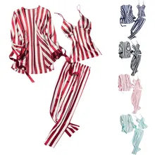 Полосатые шелковые пижамы, наборы для женщин, с длинным рукавом, шелковистые, ледяной шелк, пижамы, сексуальные, 3 предмета, халат, костюм, женская одежда для сна, домашняя пижамная ночная рубашка# W