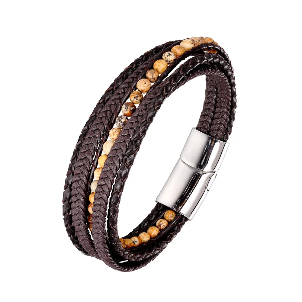 Дизайн бусины и кожаный браслет для мужчин ручная работа нержавеющая сталь магнитный браслет с пряжкой Роскошные брендовые ювелирные изделия