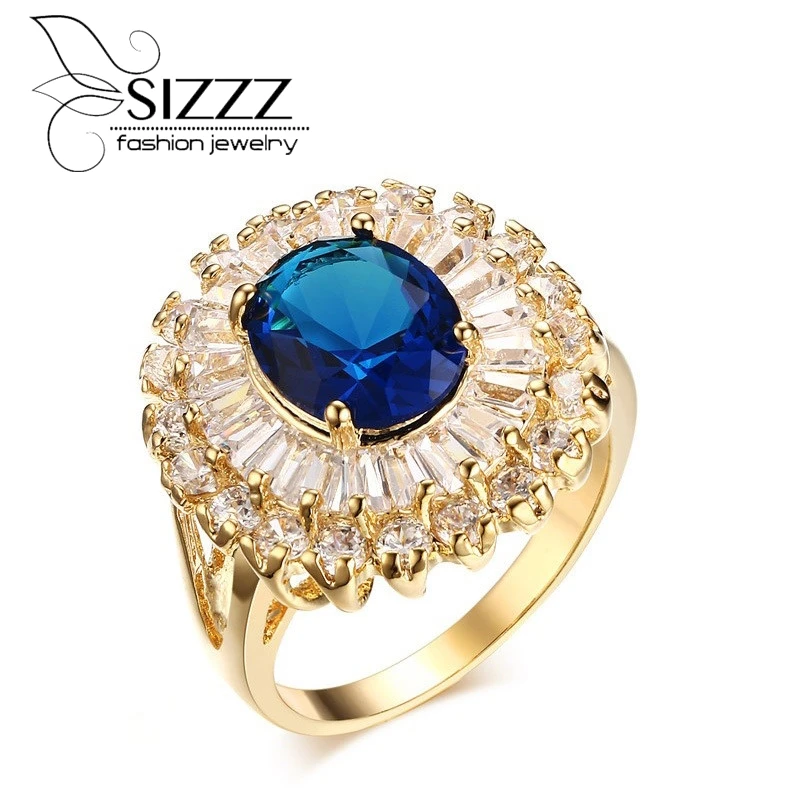 

SIZZZ Bijoux Fashion Rings for Womens Blue CZ Stone Copper Bling Cubic Zirconia Ring for Wedding