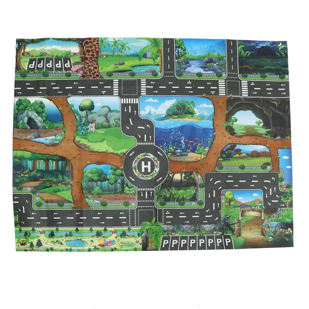 Dinosaur World Road Traffic System Playmat Activity Play Mat Carpet Educational Toy for Playing Cars & Train Track Playroom Fun