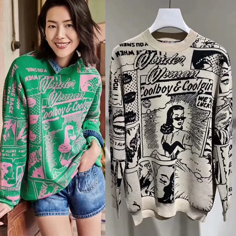 

Autumn Winter European Style Women Sweaters Cartoon Green Letters Ladies Tops Pullover Warm Knitted Loose Sweater CC264