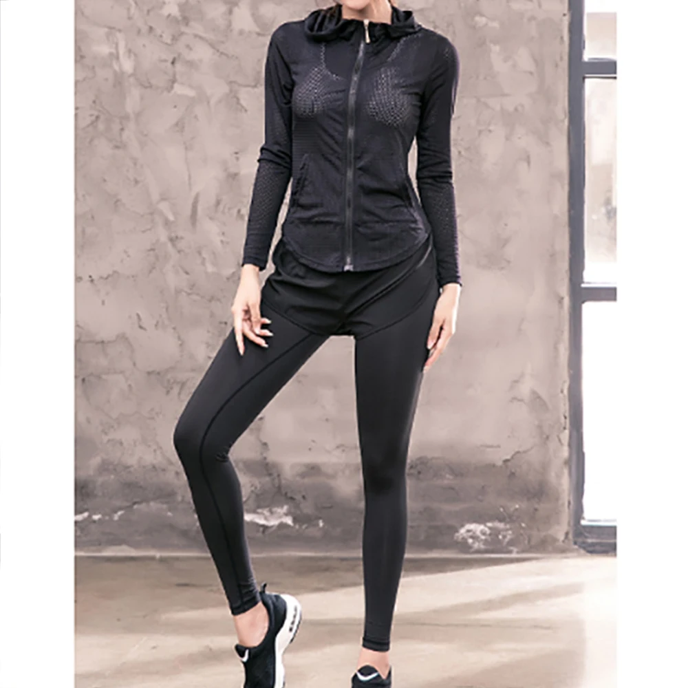 

Long Sleeve Women Yoga Set 3 Pieces Sports Suits Mesh Hollow Fitness Gym Sportswear Sport Top Bra+Seamless Legging+Jacket
