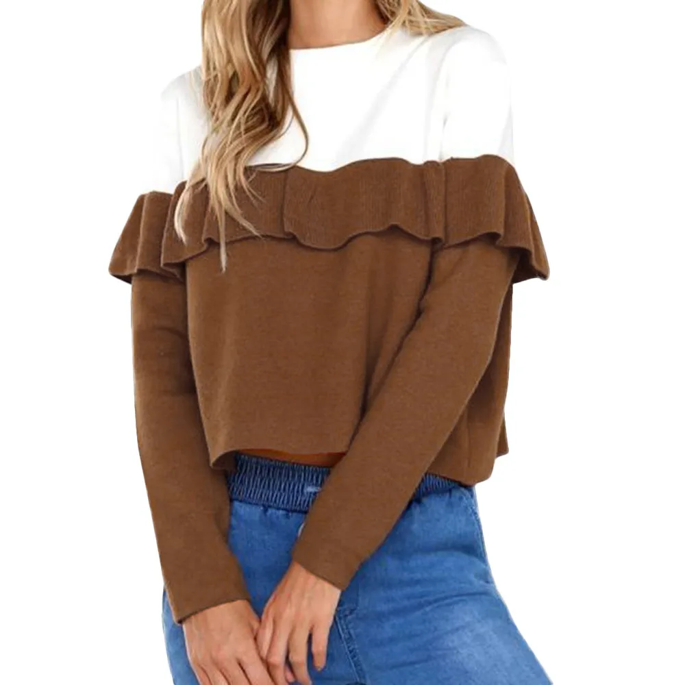 

ISHOWTIENDA Women Winter blouse Ladies Ruffle Round Neck Long Sleeve Short Shirt Blouse Shirt bluzki damskie vetement femme 2019