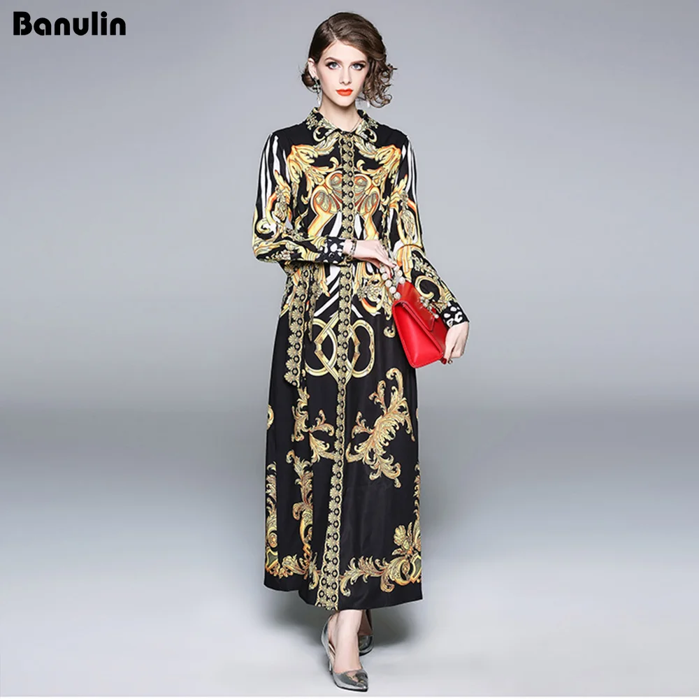 

Banulin New 2018 Runway Brand Shirt Maxi Dress Women's Long sleeve Elegant Belt Vintage Palace Floral Print Long Party Dresses