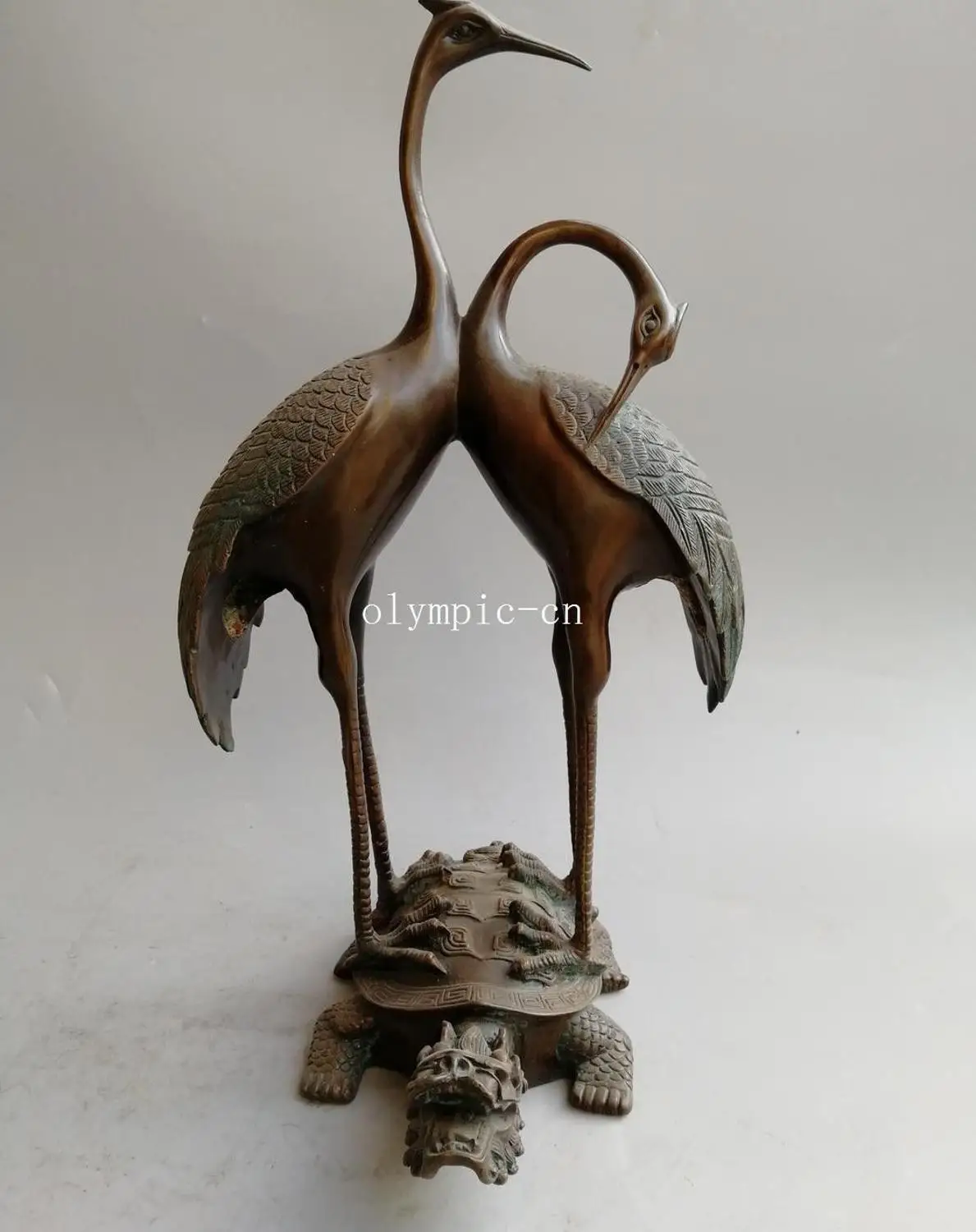 

17'' Fine Bronze auspicious beast birds two both crane on Dragon Turtle tortoise