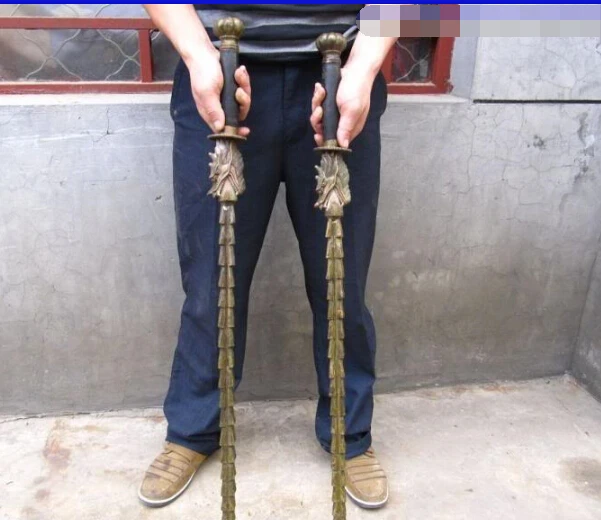 

33" Chinese Folk old Copper Bronze weapon Dragon mace Pair