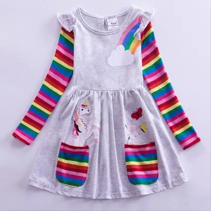 Платье с длинными рукавами и рисунком единорога для девочек; платье для малышей с рисунком Маленького Пони; хлопковое осеннее дышащее платье средней длины для девочек; LH6219 - Цвет: 81035 gray