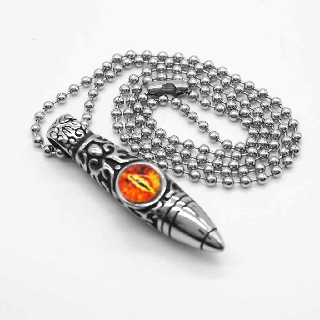 Vintage Stainless Steel Bullet Shape Evil Eye Pendant Ball Chain Necklace Fashion Punk Mens Jewelry