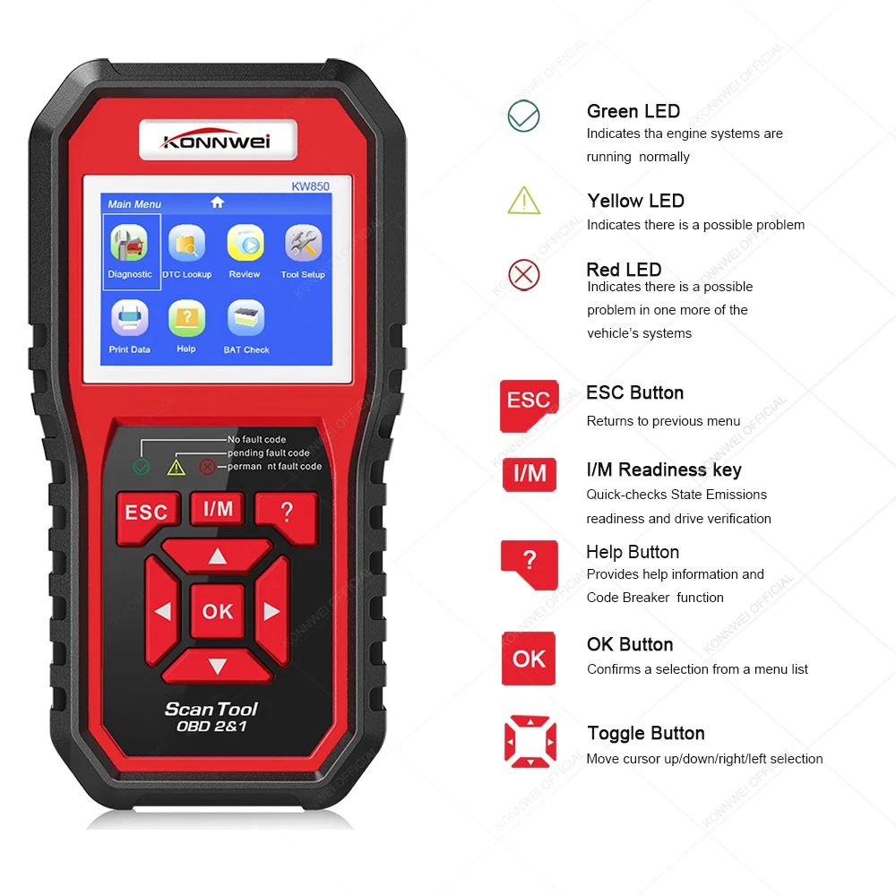 KONNWEI KW850 OBD2 считыватель кодов KW 850 с многоязычным автоматическим кодовым сканером