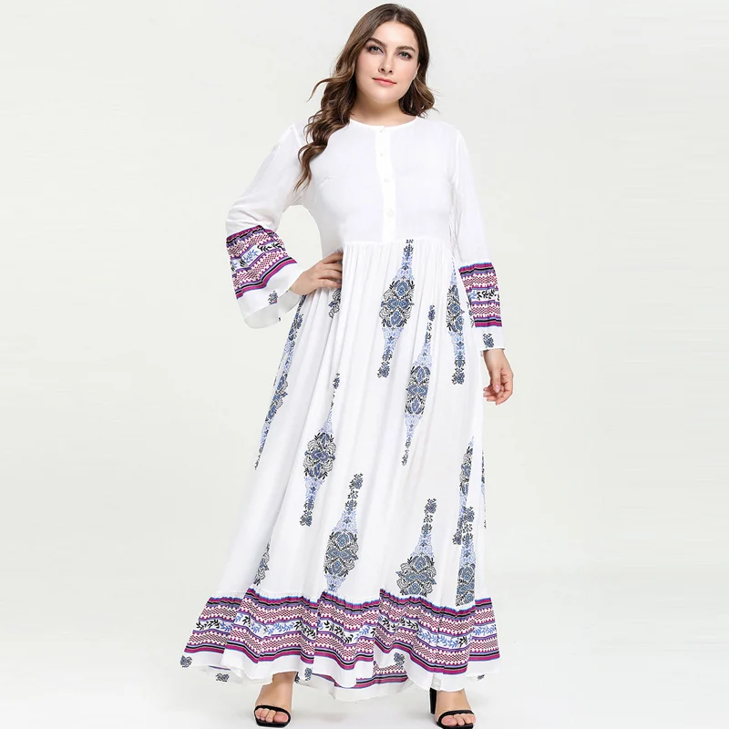 

2019 Plus Size Ethnic Print Abaya Muslim Breast Feeding Lactation Dress Button up White Fit and Flare Long Dresses Vestidos 4XL