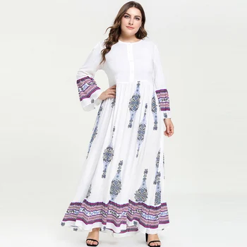 

2019 Plus Size Ethnic Print Abaya Muslim Breast Feeding Lactation Dress Button up White Fit and Flare Long Dresses Vestidos 4XL