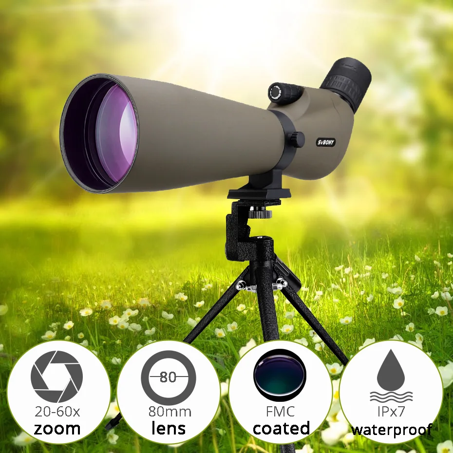 Goede Svbony Spotting Scope 20 60x80 Zoom Monoculaire Telescoop Multi Coated Optiek Refractor Spyglass Telescoop Waterdicht w Statief voor jagen, schieten, boogschieten, vogels kijken