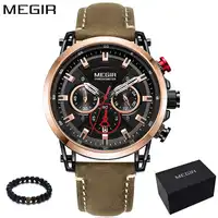 MEGIR New Style Quartz Watch Men 2018 Luxury Brand Classic Brown Genuine Leather Band Military Waterproof Sport Watches Clock