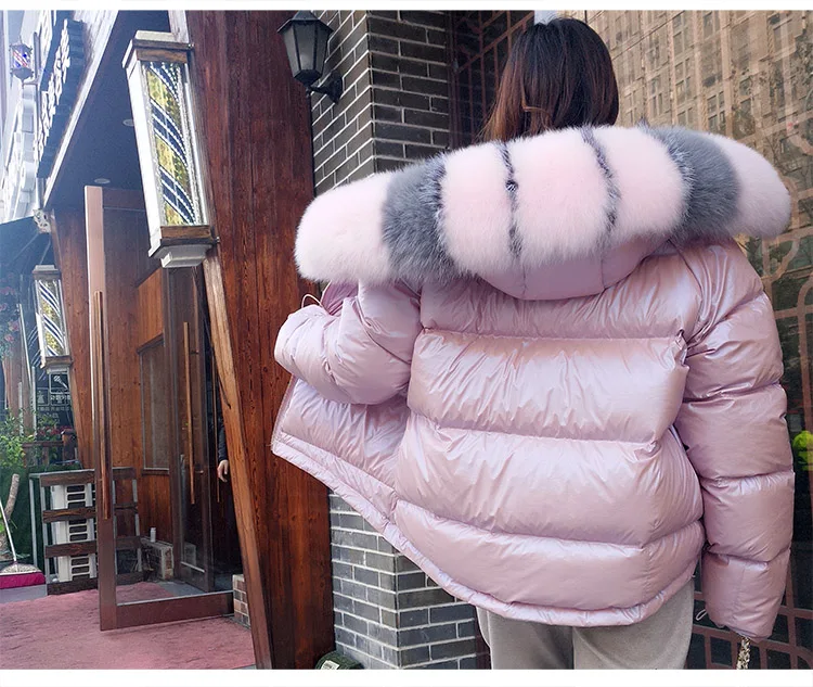 Женская зимняя куртка, Воротник из натурального Лисьего меха, белое короткое Свободное пальто, королевское меховое пальто, утка