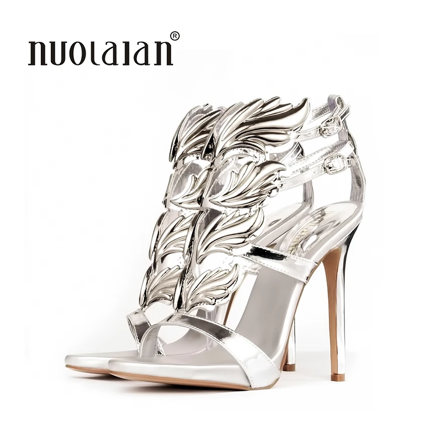 Cena Gorący bubel kobiety sandały na wysokim obcasie złoty liść płomień sandały gladiatorki buty party dress buty kobieta lakierki skórzane szpilki