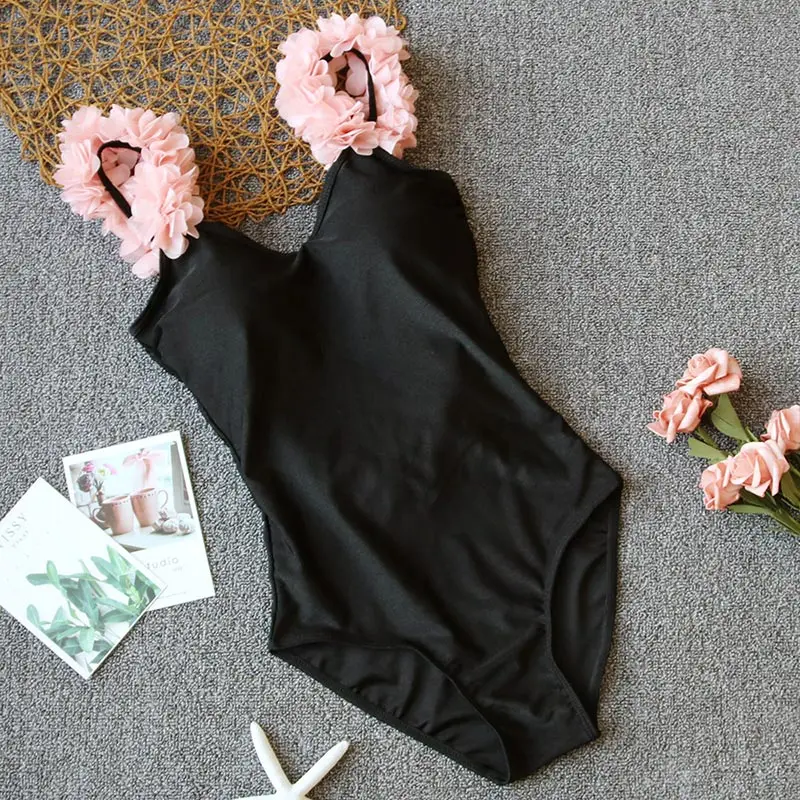 Сексуальный сдельный Купальник для женщин, 3D цветок, боди, открытая спина, монокини, купальник, женский купальник, Одноцветный, пляжная одежда - Цвет: Black