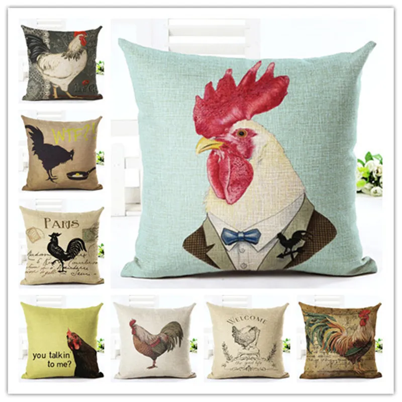 

FOURETAW Fashion Creative hicken Cock Rooster Pattern Design Modern 45cm Cotton Linen Square Throw Pillow Case Soft Cover