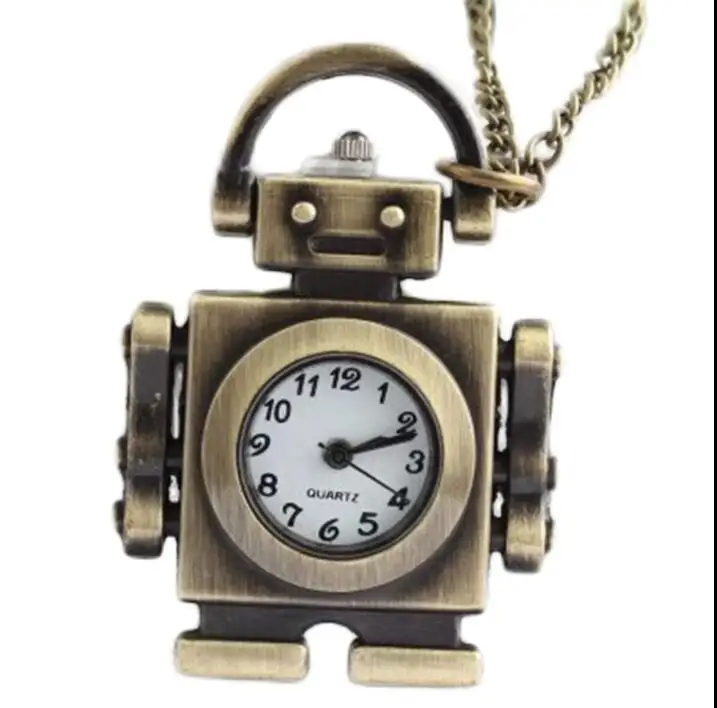 

Mechanical Robot Pattern Pocket Watches Creative Bronze Tone Necklace Chain Quartz Clock For Ladies Women Mens Children