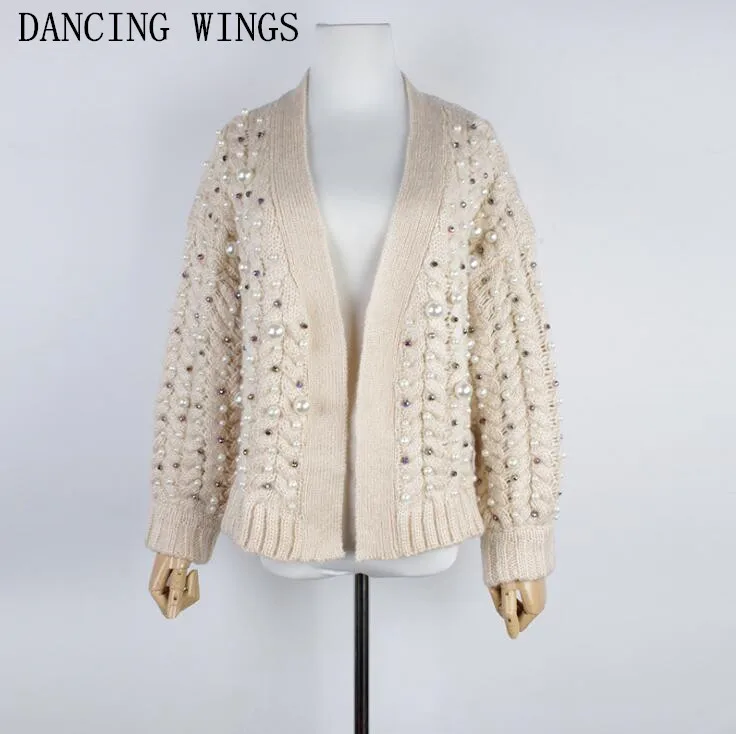 

Luxury Pearl Handmade Beading Thick Cardigan Women 2019 Autumn Winter Fashion V-neck Twist knitting Sweater Mujer
