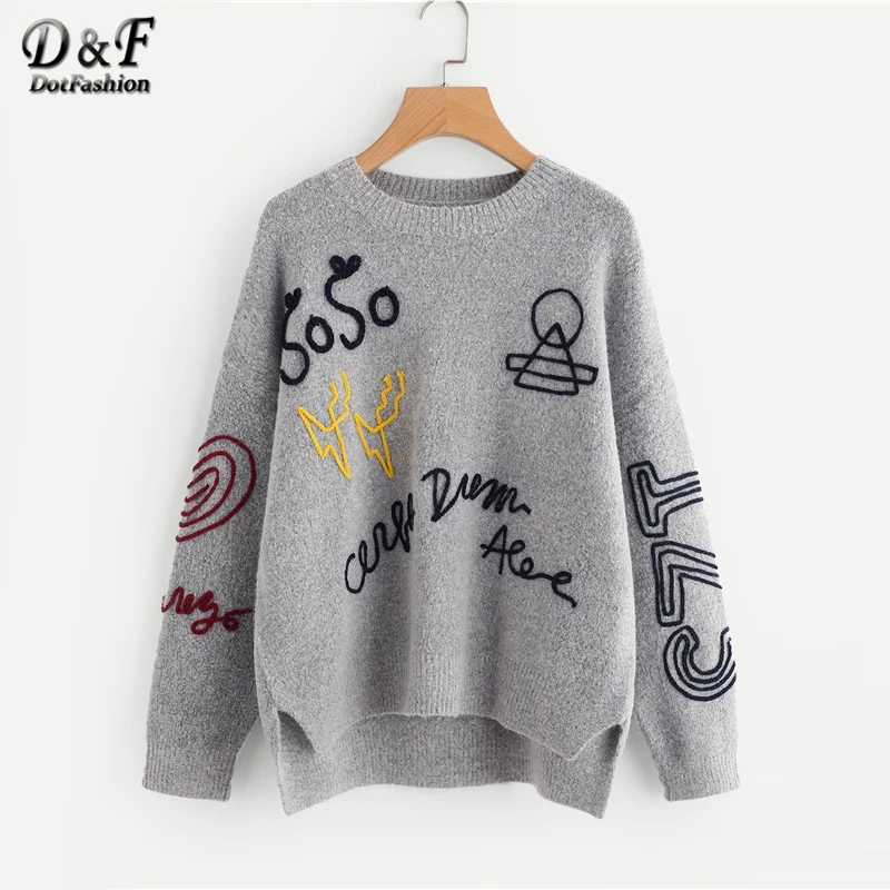 Dotfashion Grey Braided Embroidery Stepped Hem Womens Sweaters 2019 Autumn Casual Clothing Long Sleeve Oversized Pullover Jumper
