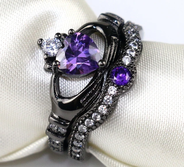 Irish Claddagh Ring Black Gold Filled Heart Shape Purple Zircon Irish Claddagh Ring Black Gold Filled Heart Shape Purple Zircon Wedding Cz Women S Engagement
