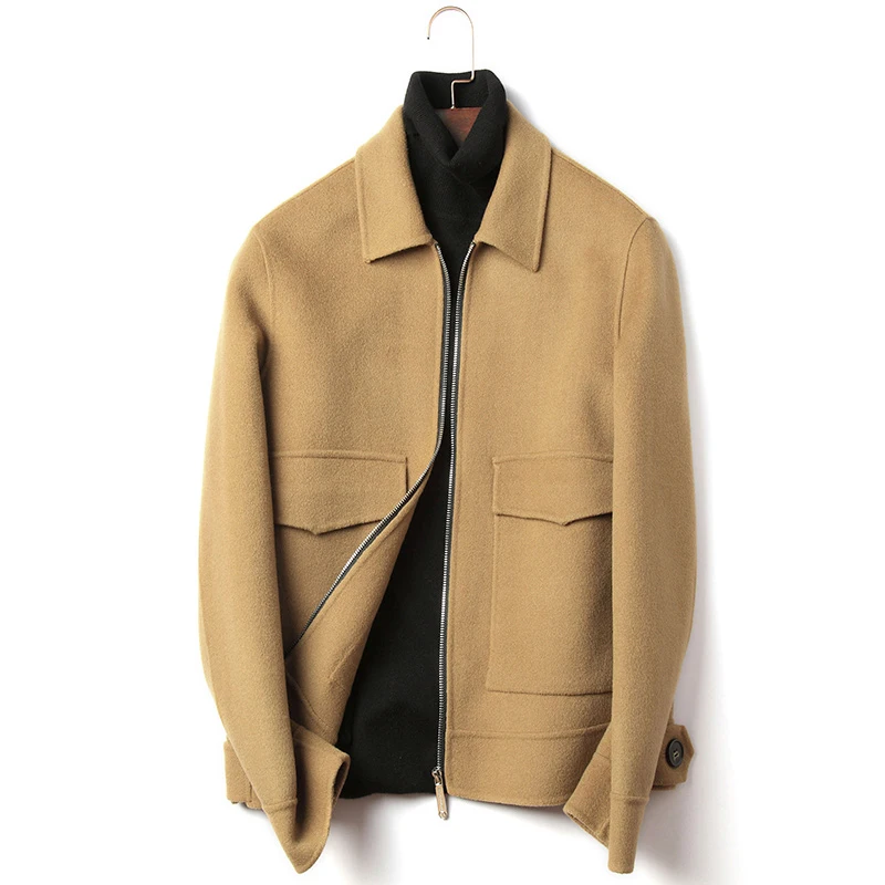 

Double face 100% wool coat men pockets zipper turn down collar woolen jacket male plus size wool outerwear 2019 autumn winter