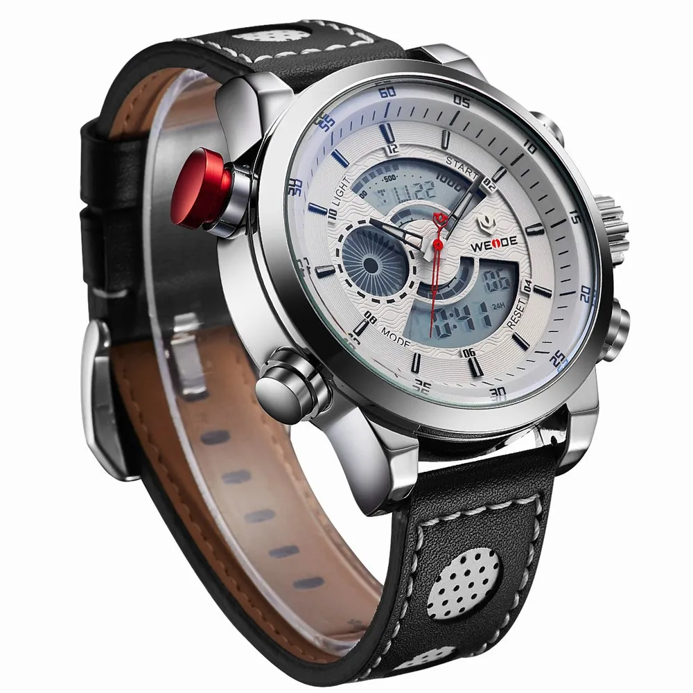 New Sale WEIDE Military Watches Men Luxury Brand Japan Quartz White Dial Solf Leather Strap Analog Digital Diving Men Wristwatch