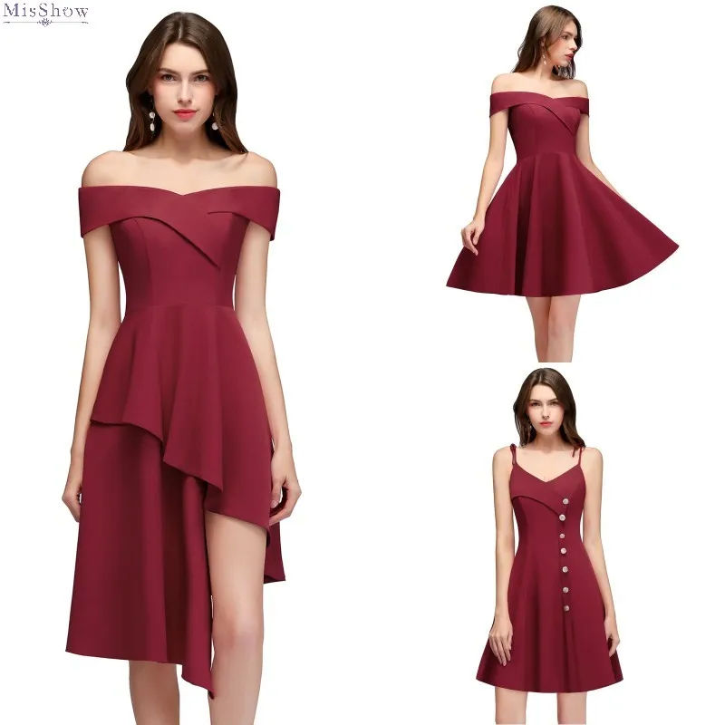 

2019 Burgundy Short Cocktail Dress Off The Shoulder Sleeveless Party Gown robe de cocktail