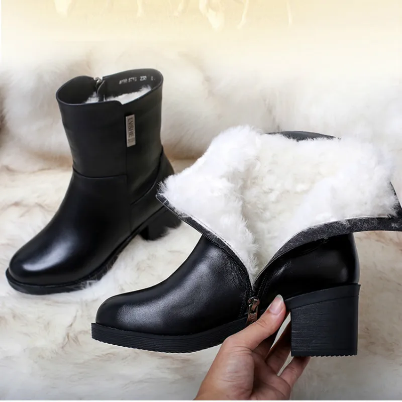 Women Genuine Leather Mid Calf Boots 7 CM High Heels Warm Shoes Winter Leather Martin Boots For Women Fur Insole Winter Boots Women Genuine Leather Mid Calf Boots 7 CM High Heels Warm Shoes Winter Leather Martin Boots For Women Fur Insole Winter Boots
