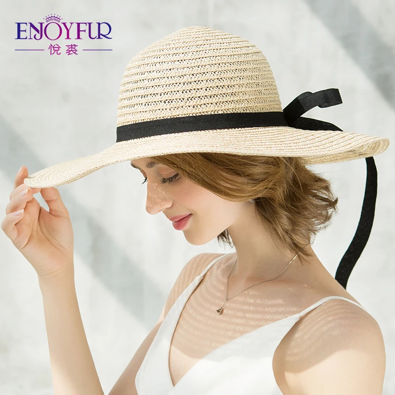 

ENJOYFUR Straw Hat For Summer Women's Sun Caps Foldable Beach Caps For Girls High Quality Bowknot Women Hats Wide Brim