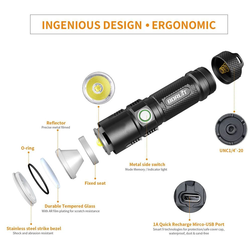 BORUiT BC10 XHP70.2 linterna LED 6-modo USB cargador de linterna Max 3600LM banco de potencia linterna Camping lámpara de Flash por 26650 batería - 2