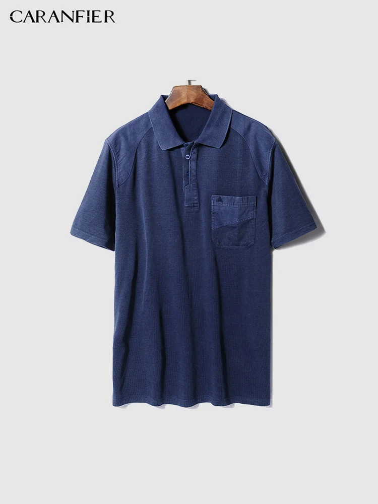 

CARANFIER New Short Sleeve Men Polo Shirt MenSolid Color Pocket Loose Fitting Striped Polo Men Shirt Fashion Brand Polo Homme