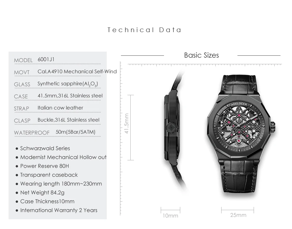 Agelocer все черные Автоматические механические часы из натуральной кожи ремешок запас мощности водонепроницаемые часы 6001J1
