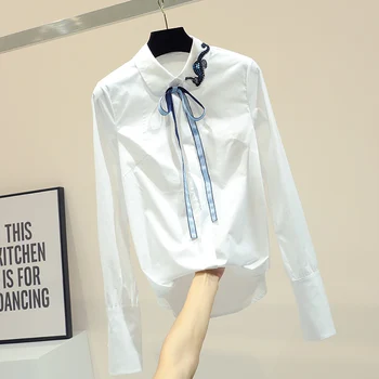 

Single Breasted White Female Blouses New Spring Fashion Elegant Long Sleeve Tops All-match Beading Turn Down Collar Women Shirts