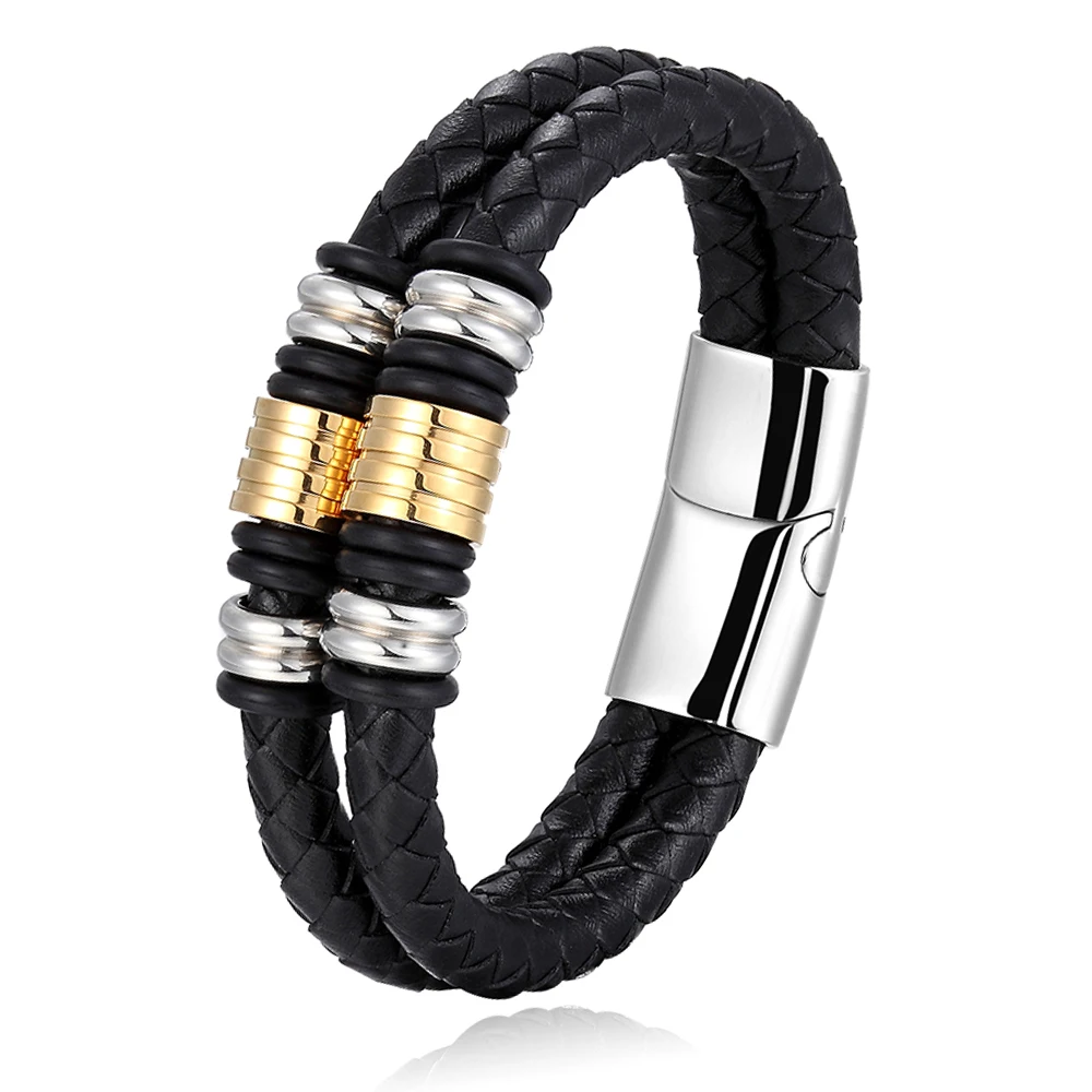 

Punk New Braided Black Leather Bracelet for Men Jewelry Stainless Steel Bangle Magnetic Clasp Gold Beads Vintage Style