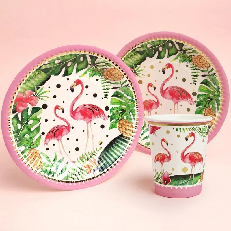 

10pcs/set Flamingo Disposable Tableware Gilding Printed Dessert Table Paper Cups Plates Kids Birthday Party Decoration