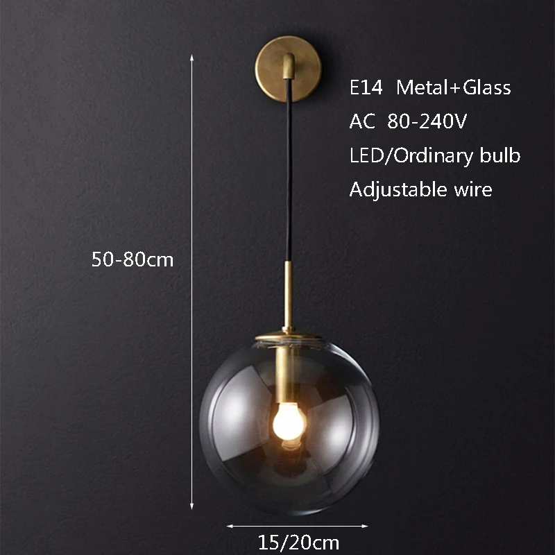 Современный промышленный настенный светильник E14 Регулируемый провод стеклянный шар лампа для спальни прикроватный кабинет прохода гостиничный номер кафе ресторан магазин