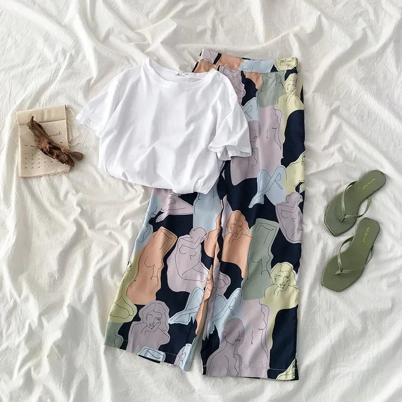 

Vintage Beach Long Pant Suit Casual Summer Women White T-Shirt High Waist Wide Leg Trousers Two Piece Set