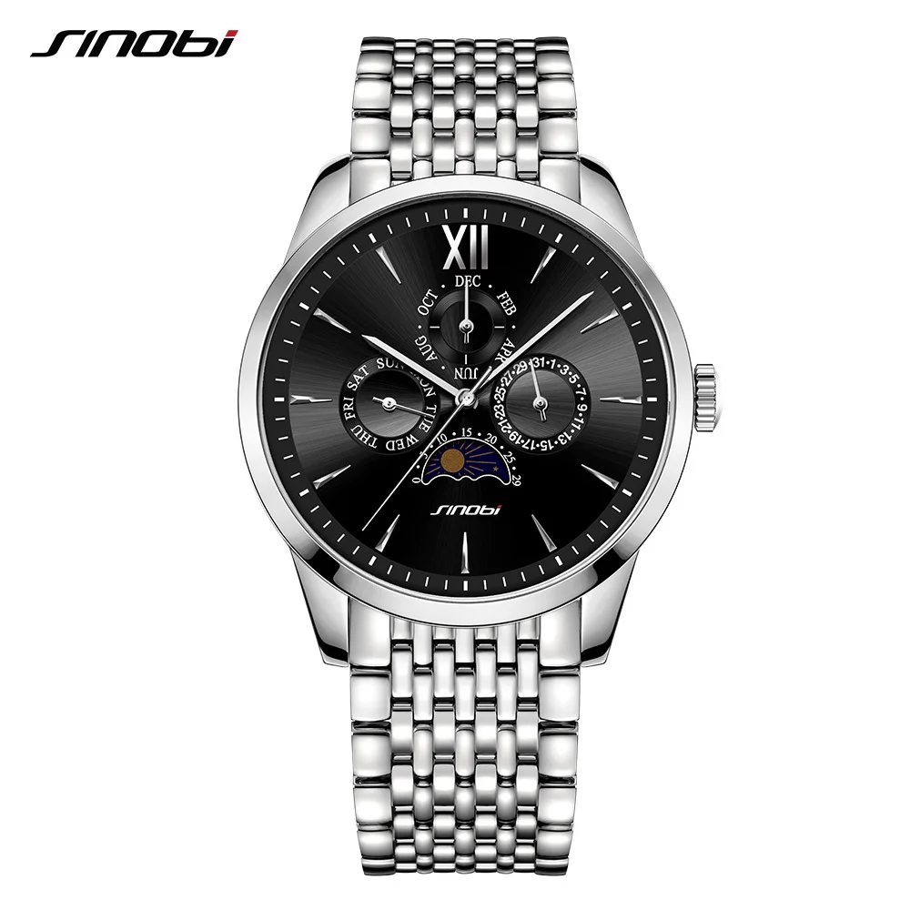 

Sinobi Men's Quartz Watch Business Watch Full Stainless Steel Date Calendar Top Brand Luxury Clock Sun Moon High-end Wristwatch