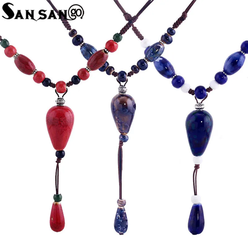 

Chinese Traditional Jingdezhen Ceramics Water drop Beads Choker Collar Necklace Handmade Long Sweater Necklace Jewelry