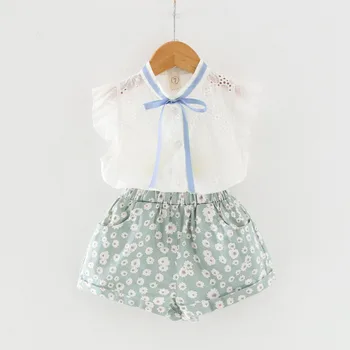 

Baby Girl Summer Clothes Floral Print Bow T-shirt Tops+Flower Shorts Pants 2PCS Set Vetement Fille Girls Summer Fashion Clothes