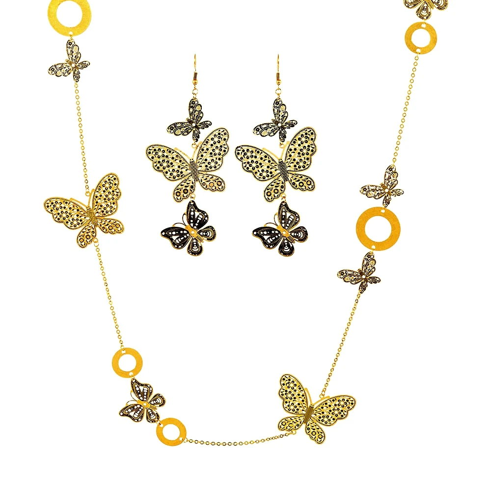 Antique Gold Butterfly Jewelry Set Copper Butterfly Filigree Necklace