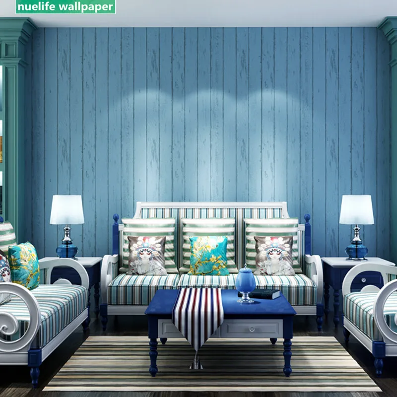 

Mediterranean style blue wood pattern non-woven study bedroom living room kids room cafe Internet cafe TV background wall paper