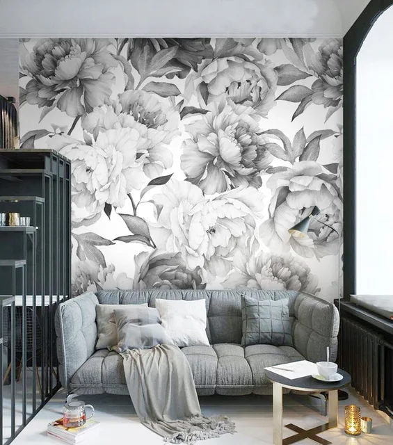 Grey zwart wit bloemen custom 3D muur papier muurschildering op de ... Grey zwart wit bloemen custom 3D muur papier muurschildering op de ...