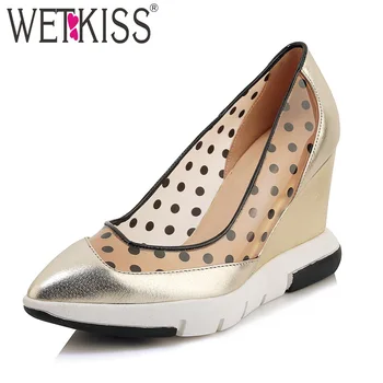 

WETKISS Leather Polka Dot PVC Women Pumps Pointed Toe Footwear Wedges High Heels Female Shoes Platform Shoes Woman Spring 2019