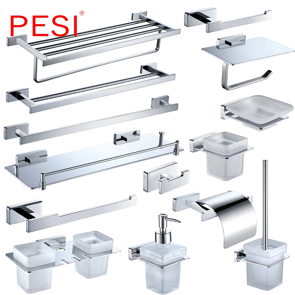All Brass Bathroom Hardware Set Robe Hook Towel Rail Rack Bar Shelf Paper Holder Toothbrush Holder Bathroom Accessories,Chrome.