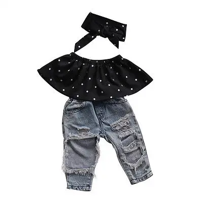

Fashion Toddler Baby kids Girls Black dot off shoulder Blouse Top and Hole Casual Denim Pants Outfits Set for girls