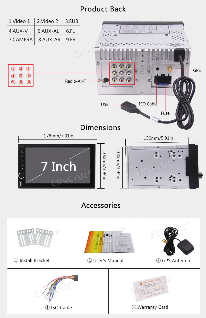 Excellent Eincar Car Stereo Touchscreen Head Unit Android 7.1 Car NO DVD Player GPS Navigation Autoradio Stereo Support Wifi USB/SD+Camera 9