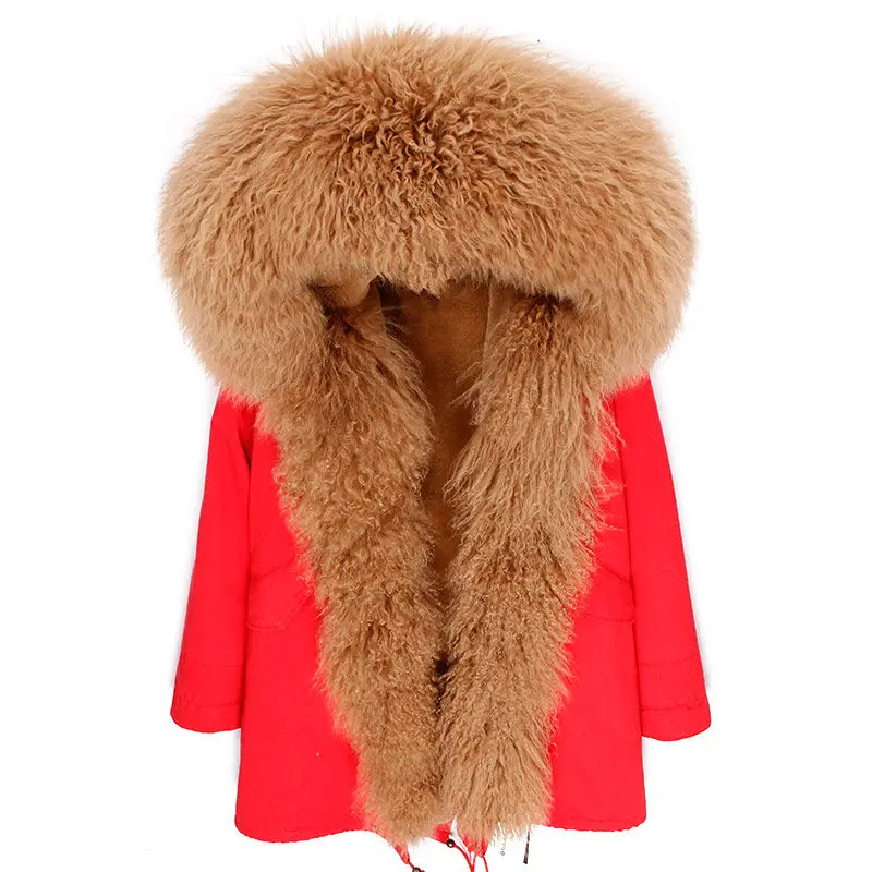 Новая женская одежда, пальто с натуральным мехом, длинная парка, зимняя куртка, повседневная куртка с воротником из натурального меха монгольской овцы, Толстая теплая уличная одежда с капюшоном